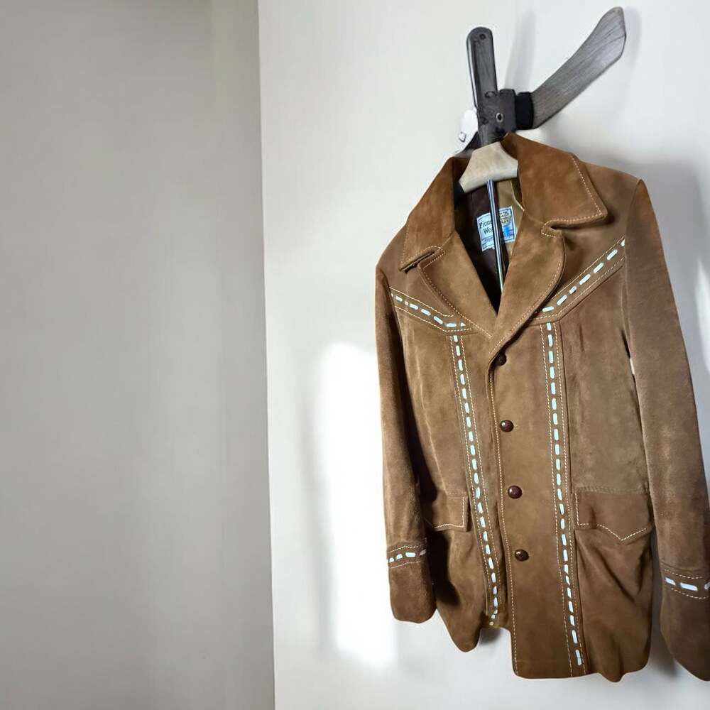 Vintage 70s Pioneer Wear Suede Leather Jacket Sherpa Lined Western